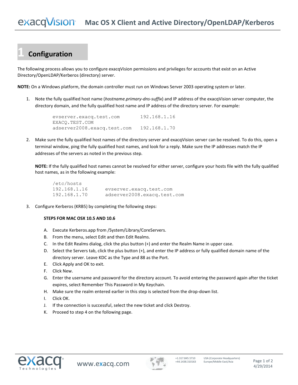 Exacq exacqVision Server/Client OS: Mac Active Directory User Manual User Manual | 2 pages