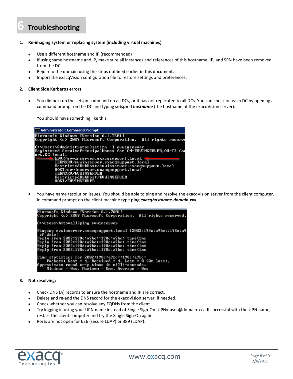 Troubleshooting | Exacq exacqVision Server/Client OS: Windows Active Directory User Manual User Manual | Page 8 / 9