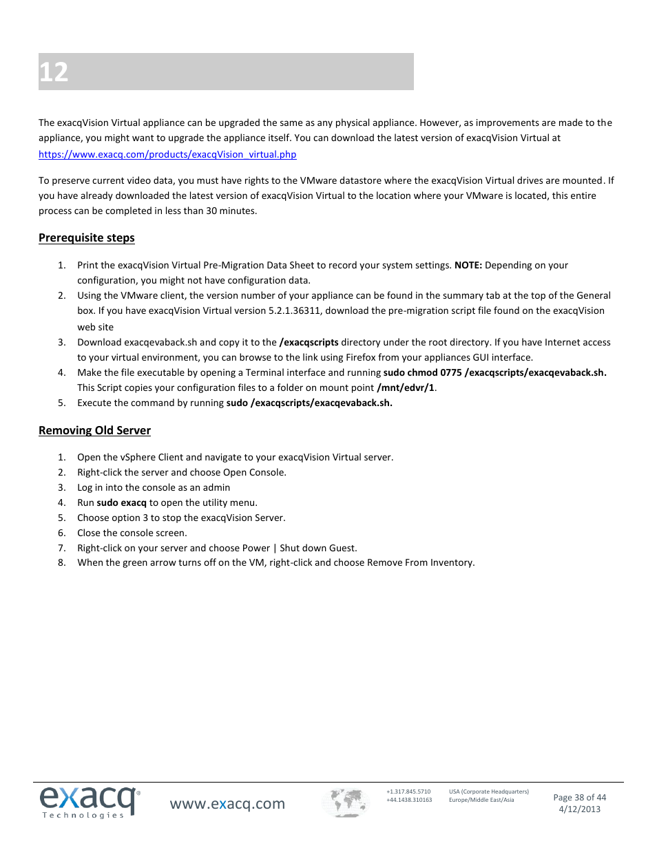 12 upgrading exacqvision to a new release, Upgrading exacqvision to a new release | Exacq exacqVision Virtual User Manual User Manual | Page 38 / 44