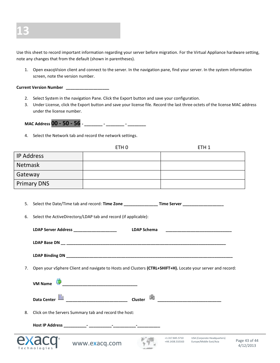 13 pre-migration data sheet, Pre-migration data sheet, Ip address | Netmask, Gateway, Primary dns | Exacq exacqVision Virtual User Manual User Manual | Page 43 / 44