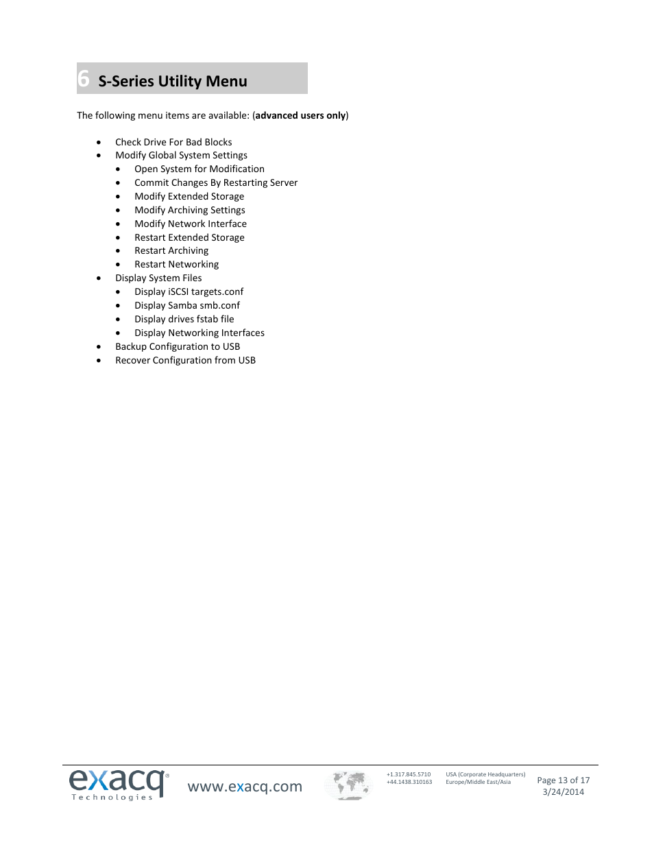 S-series utility menu | Exacq exacqVision S-Series User Manual User Manual | Page 13 / 17