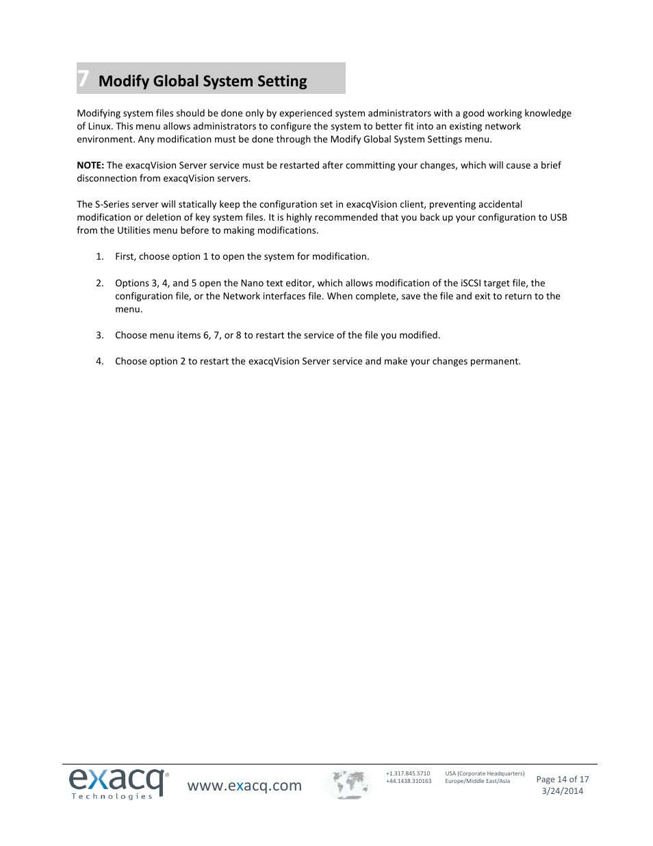 Modify global system setting | Exacq exacqVision S-Series User Manual User Manual | Page 14 / 17