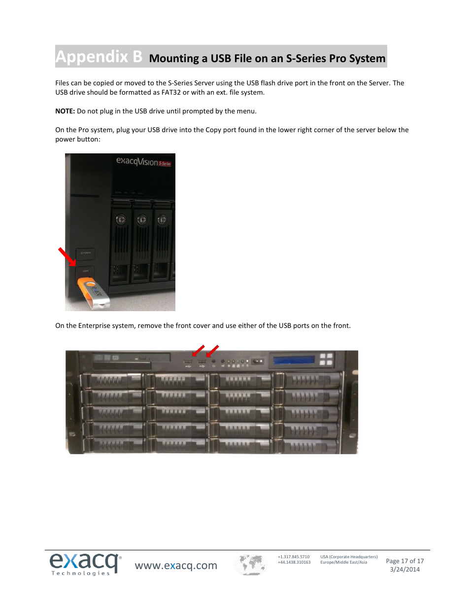 Appendix b, Mounting a usb file on an s-series pro system | Exacq exacqVision S-Series User Manual User Manual | Page 17 / 17