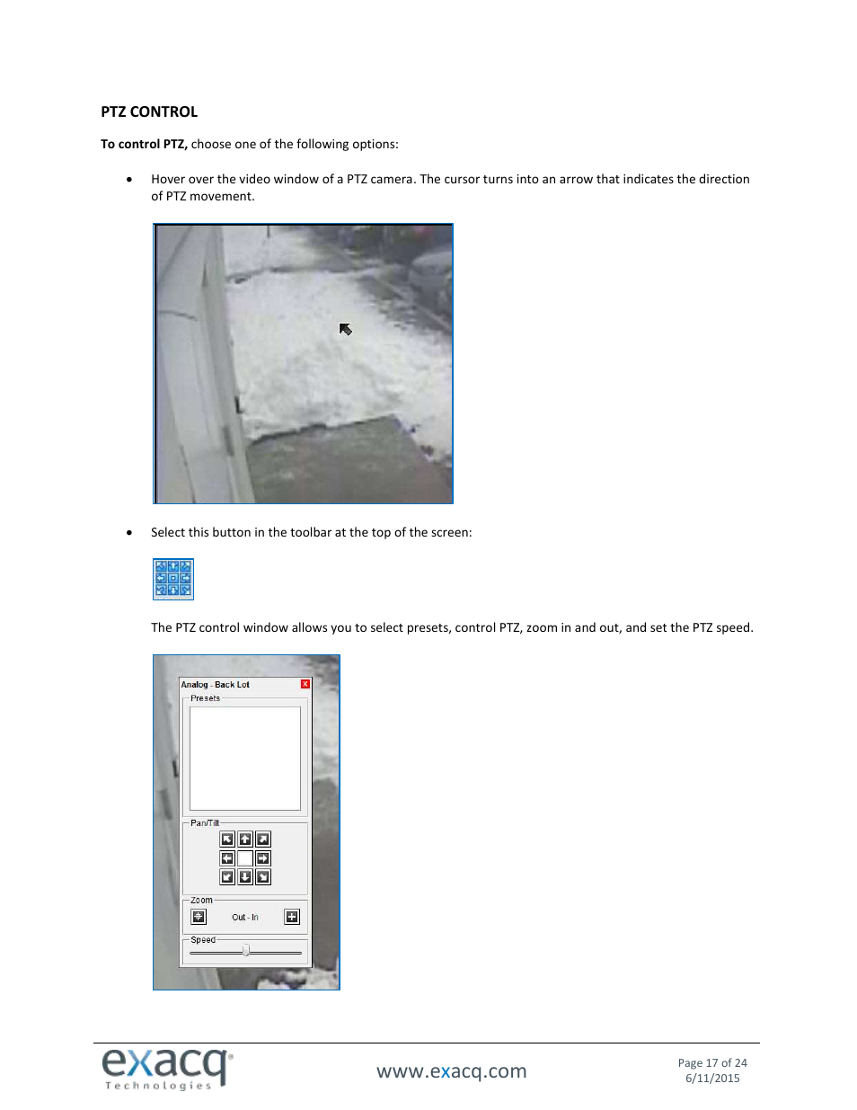 Ptz control | Exacq exacqVision Web Service User Manual User Manual | Page 17 / 24