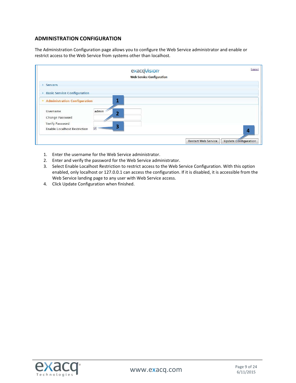 Administration configuration | Exacq exacqVision Web Service User Manual User Manual | Page 9 / 24