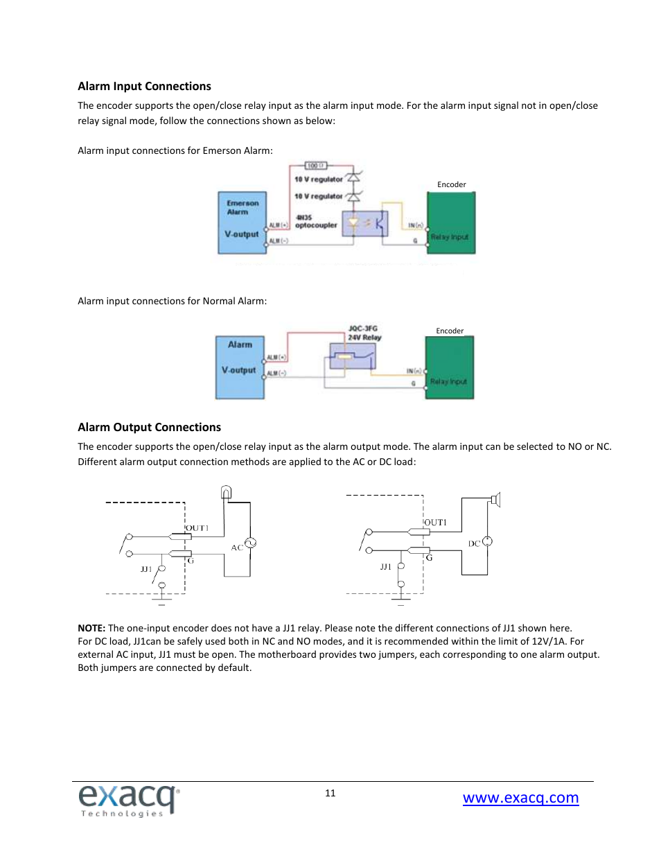Alarm input connections, Alarm output connections | Exacq exacqVision E-Series User Manual User Manual | Page 11 / 69