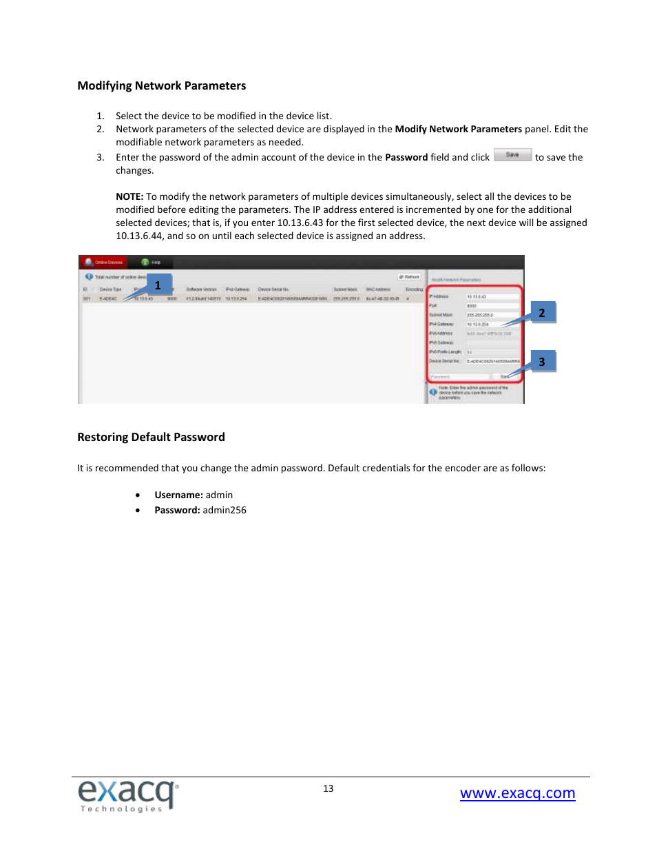 Modifying network parameters, Restoring default password | Exacq exacqVision E-Series User Manual User Manual | Page 13 / 69