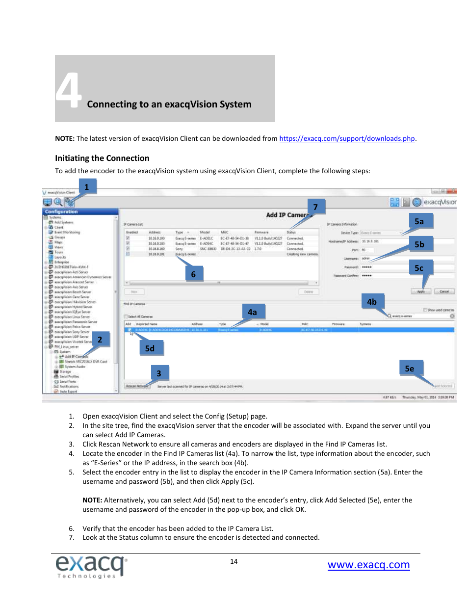 4 connecting to an exacqvision system, Initiating the connection | Exacq exacqVision E-Series User Manual User Manual | Page 14 / 69