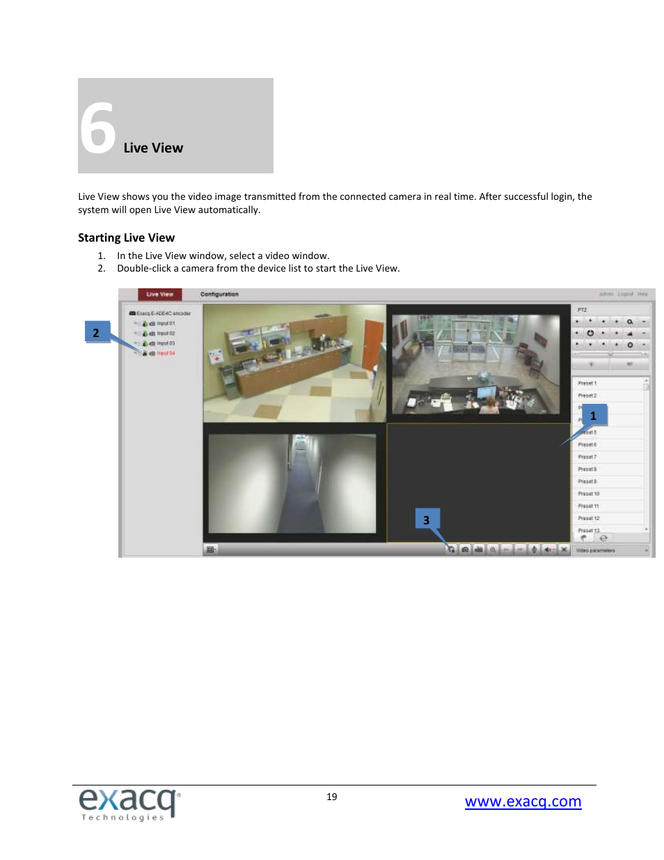 6 live view, Starting live view | Exacq exacqVision E-Series User Manual User Manual | Page 19 / 69