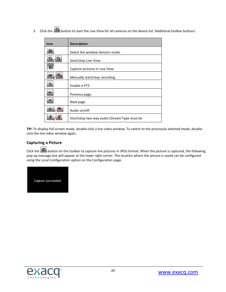 Capturing a picture | Exacq exacqVision E-Series User Manual User Manual | Page 20 / 69