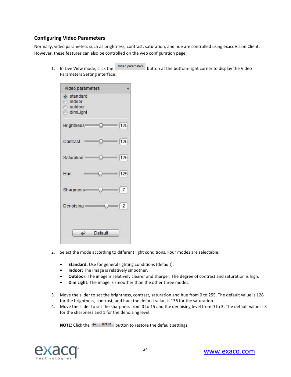Configuring video parameters | Exacq exacqVision E-Series User Manual User Manual | Page 24 / 69