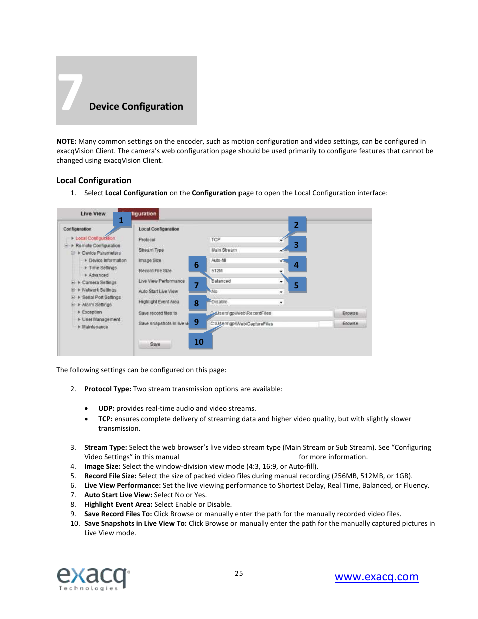 7 device configuration, Local configuration | Exacq exacqVision E-Series User Manual User Manual | Page 25 / 69