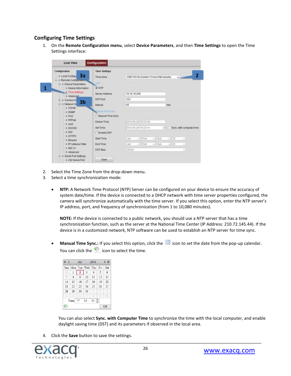 Configuring time settings | Exacq exacqVision E-Series User Manual User Manual | Page 26 / 69