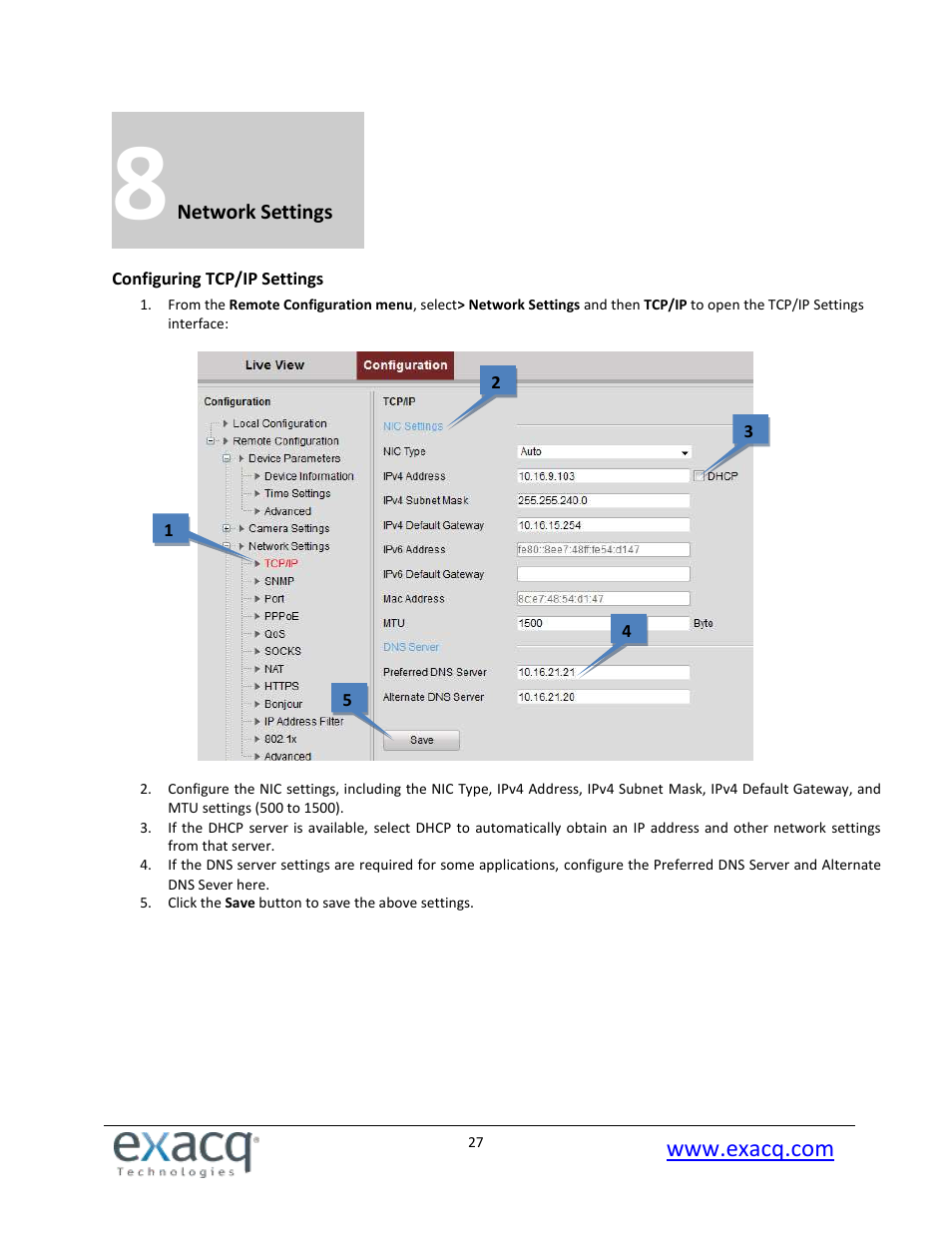 8 network settings, Configuring tcp/ip settings | Exacq exacqVision E-Series User Manual User Manual | Page 27 / 69