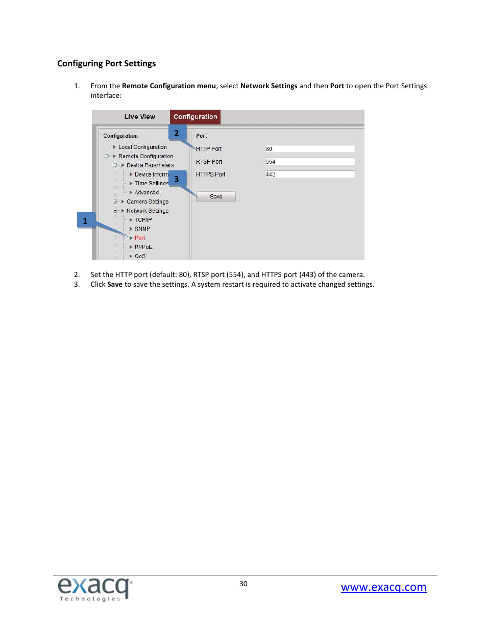 Configuring port settings | Exacq exacqVision E-Series User Manual User Manual | Page 30 / 69
