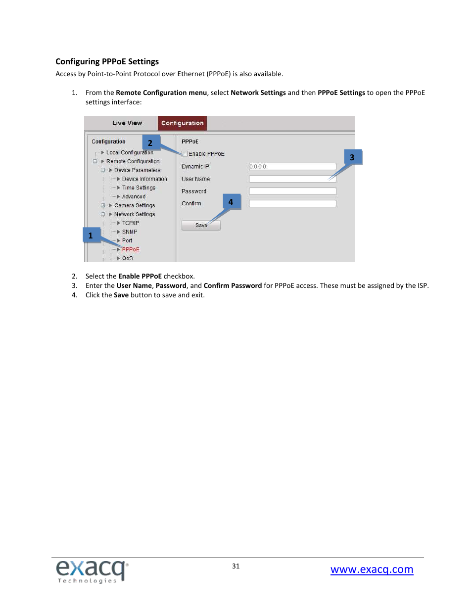 Configuring pppoe settings | Exacq exacqVision E-Series User Manual User Manual | Page 31 / 69
