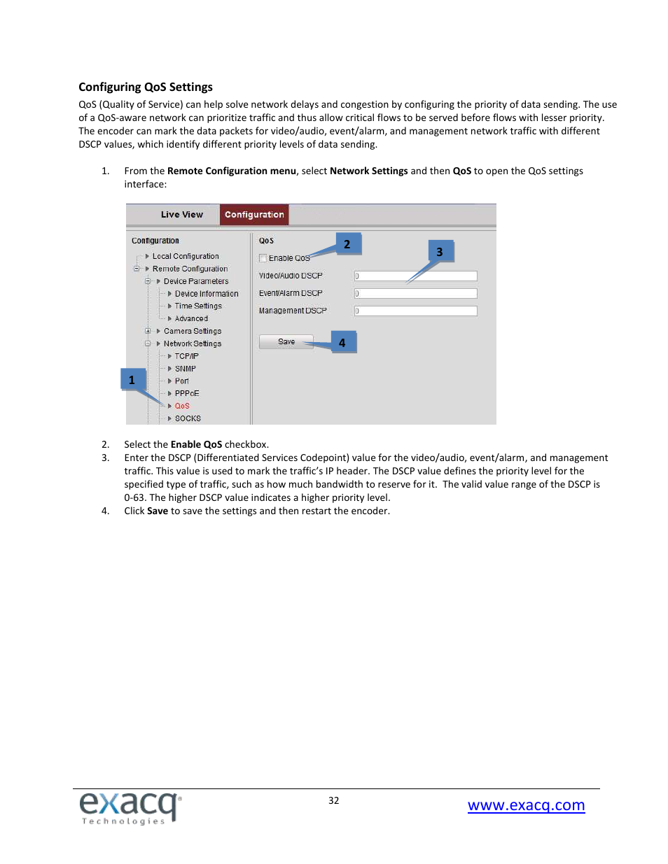Configuring qos settings | Exacq exacqVision E-Series User Manual User Manual | Page 32 / 69