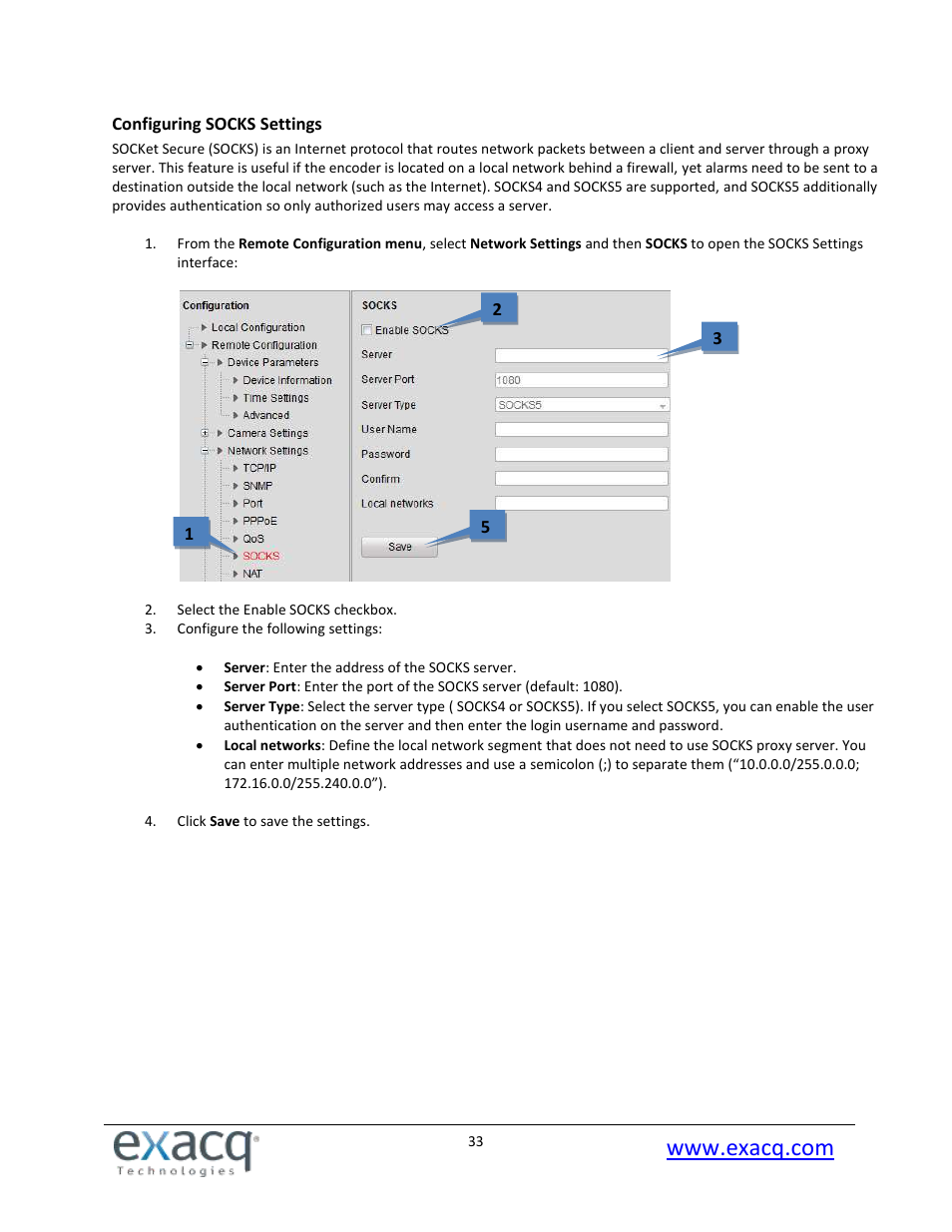 Configuring socks settings | Exacq exacqVision E-Series User Manual User Manual | Page 33 / 69