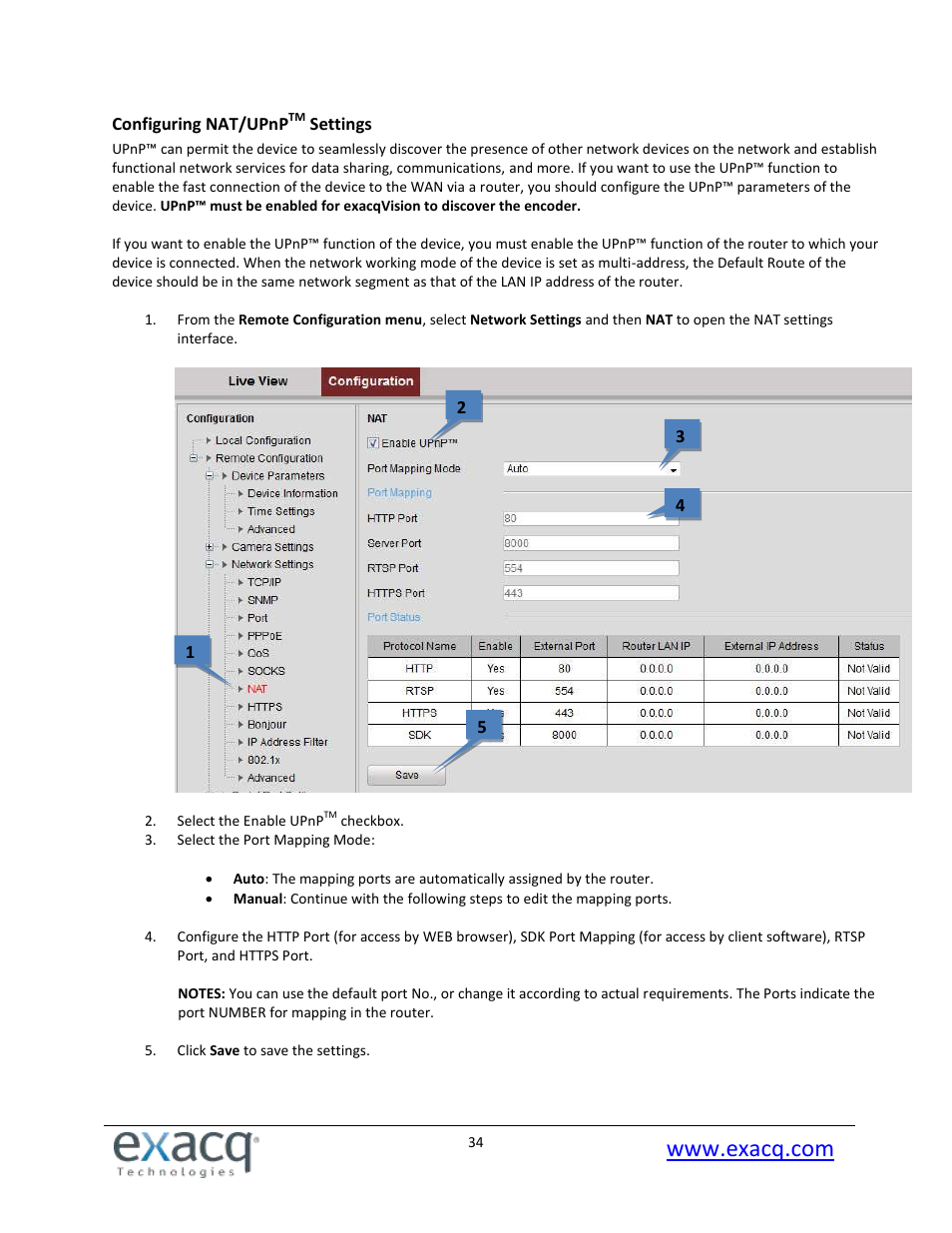 Configuring nat/upnp, Settings | Exacq exacqVision E-Series User Manual User Manual | Page 34 / 69