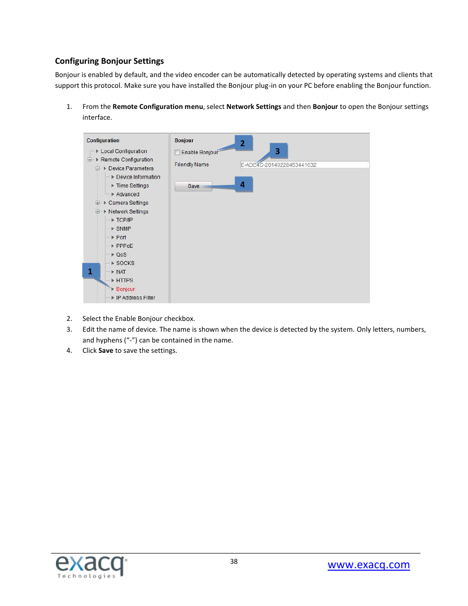 Configuring bonjour settings | Exacq exacqVision E-Series User Manual User Manual | Page 38 / 69