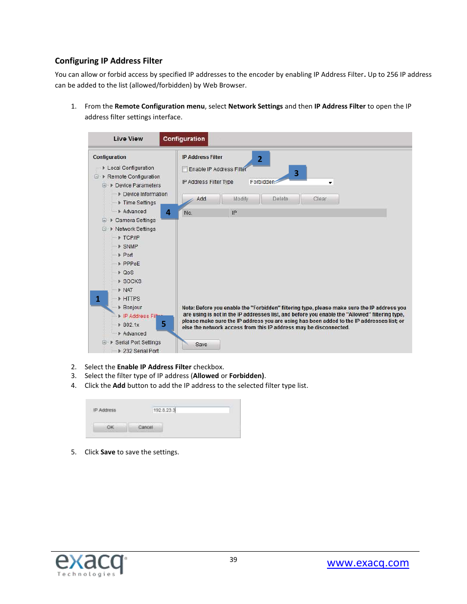 Configuring ip address filter | Exacq exacqVision E-Series User Manual User Manual | Page 39 / 69