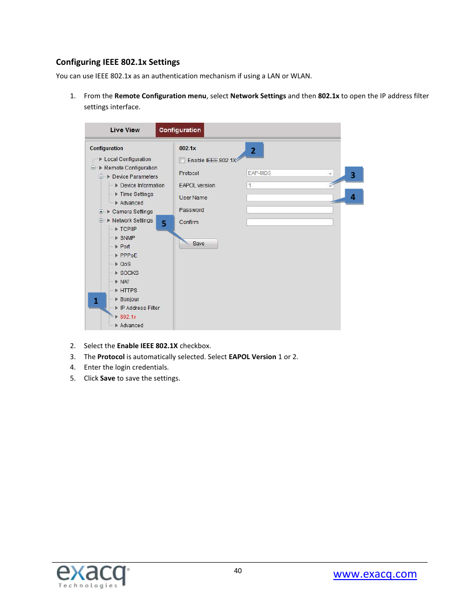 Configuring ieee 802.1x settings | Exacq exacqVision E-Series User Manual User Manual | Page 40 / 69