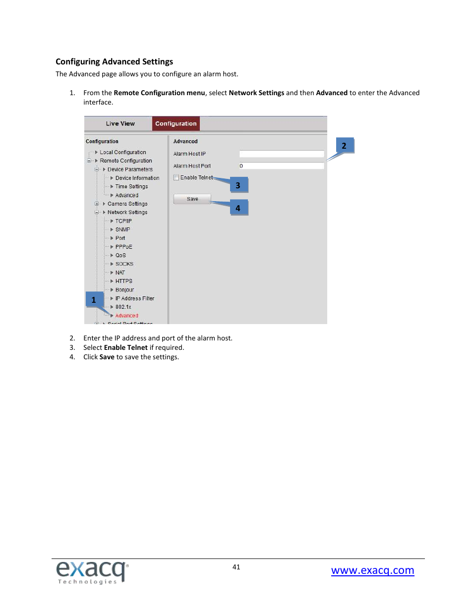 Configuring advanced settings | Exacq exacqVision E-Series User Manual User Manual | Page 41 / 69
