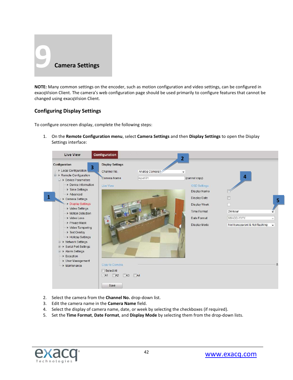 9 camera settings, Configuring display settings | Exacq exacqVision E-Series User Manual User Manual | Page 42 / 69