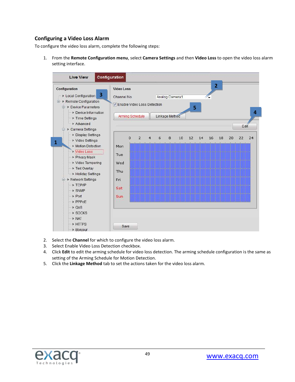 Configuring a video loss alarm | Exacq exacqVision E-Series User Manual User Manual | Page 49 / 69
