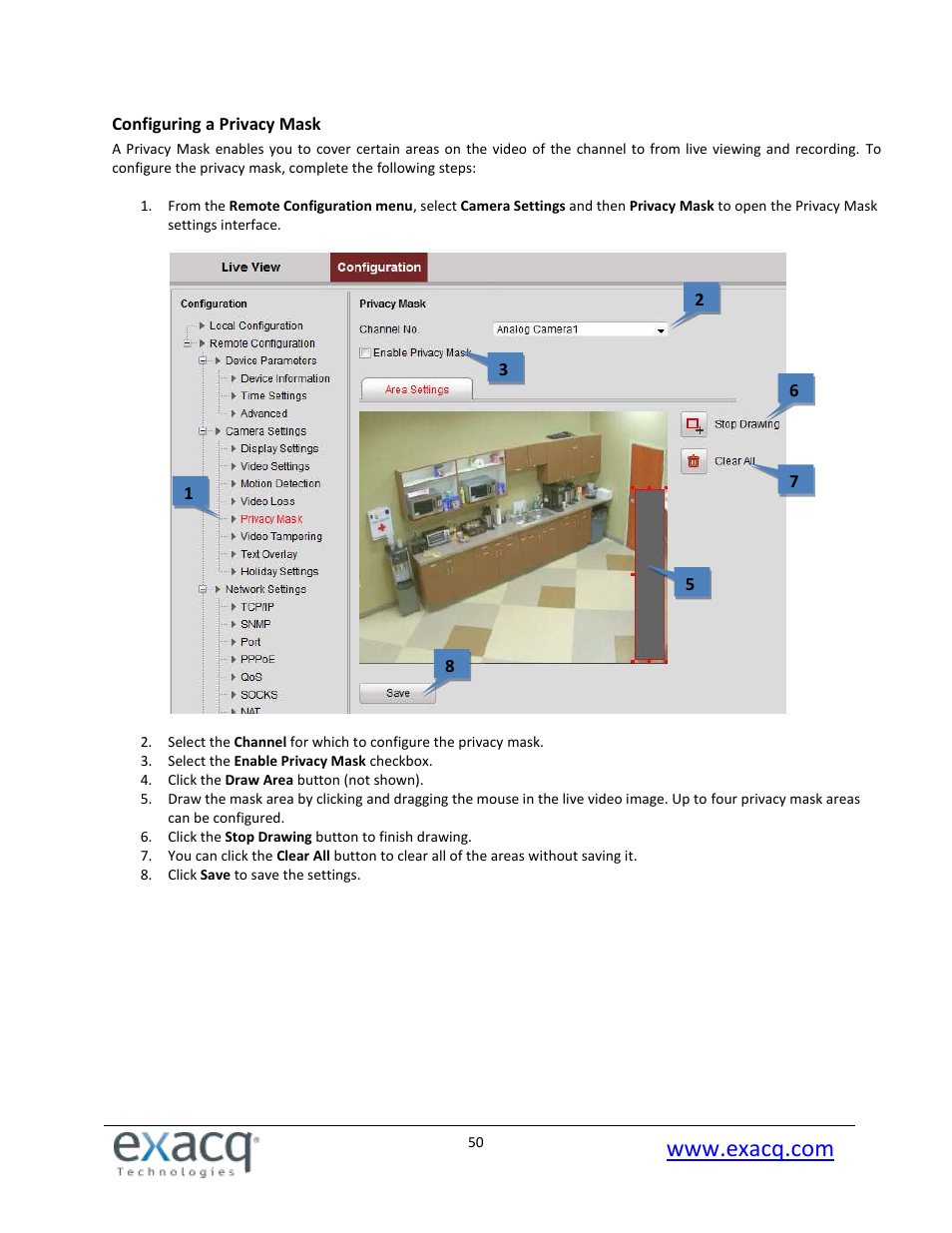 Configuring a privacy mask | Exacq exacqVision E-Series User Manual User Manual | Page 50 / 69