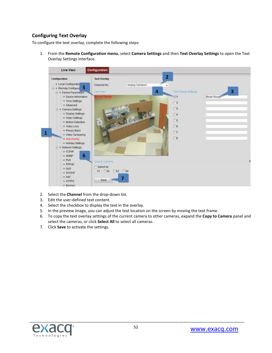 Configuring text overlay | Exacq exacqVision E-Series User Manual User Manual | Page 52 / 69