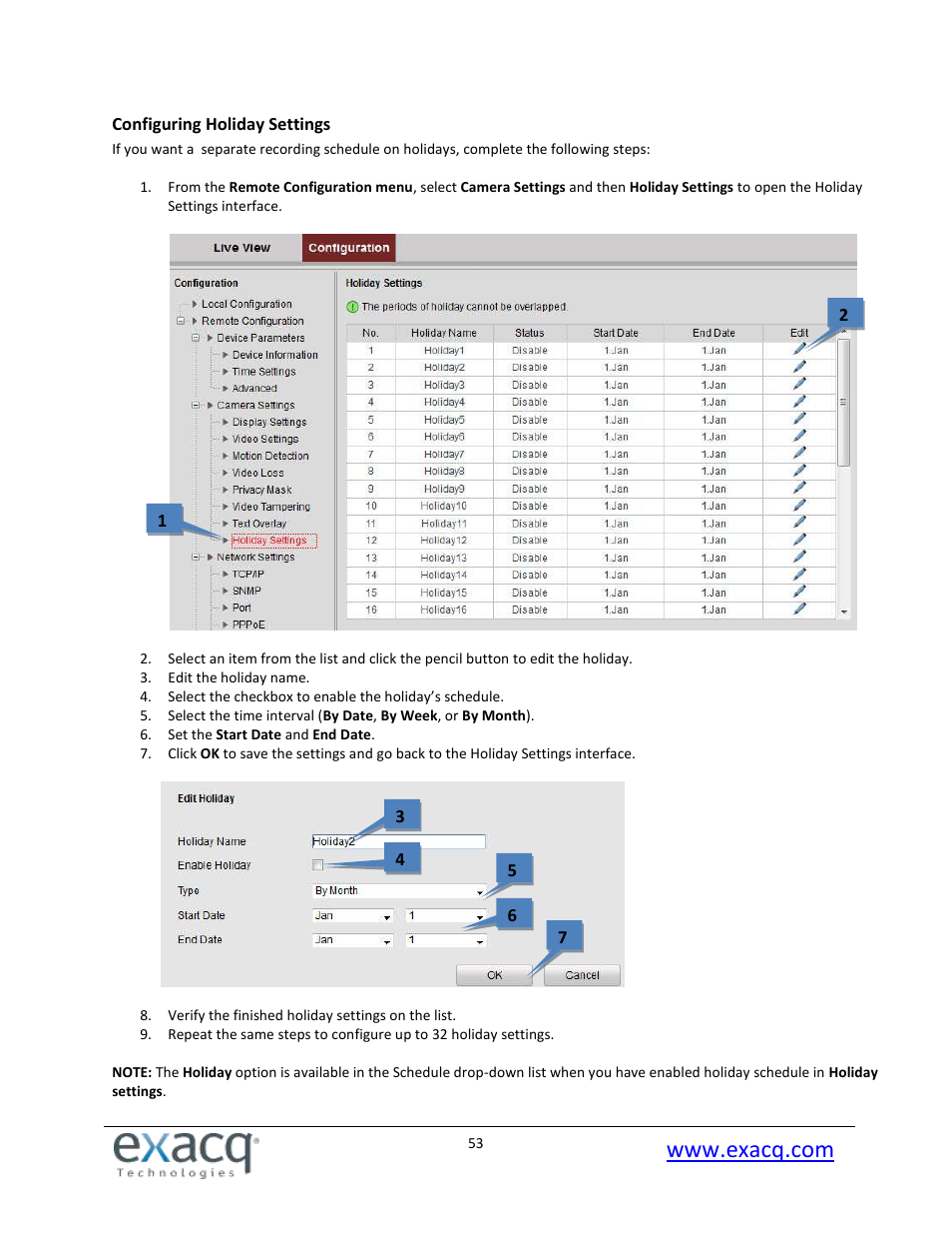 Configuring holiday settings | Exacq exacqVision E-Series User Manual User Manual | Page 53 / 69