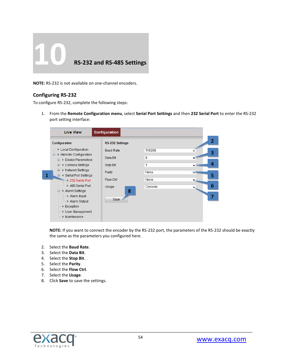 10 rs-232 and rs-485 settings, Configuring rs-232 | Exacq exacqVision E-Series User Manual User Manual | Page 54 / 69