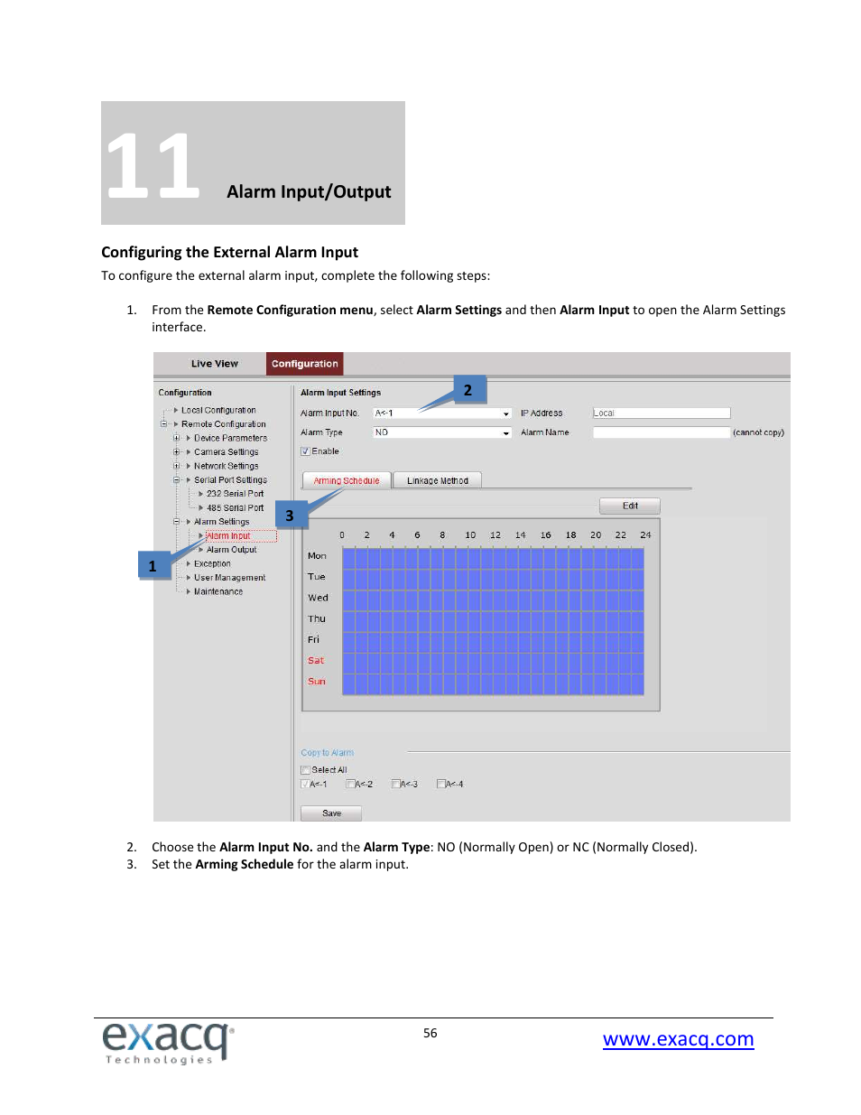 11 alarm input/output, Configuring the external alarm input | Exacq exacqVision E-Series User Manual User Manual | Page 56 / 69