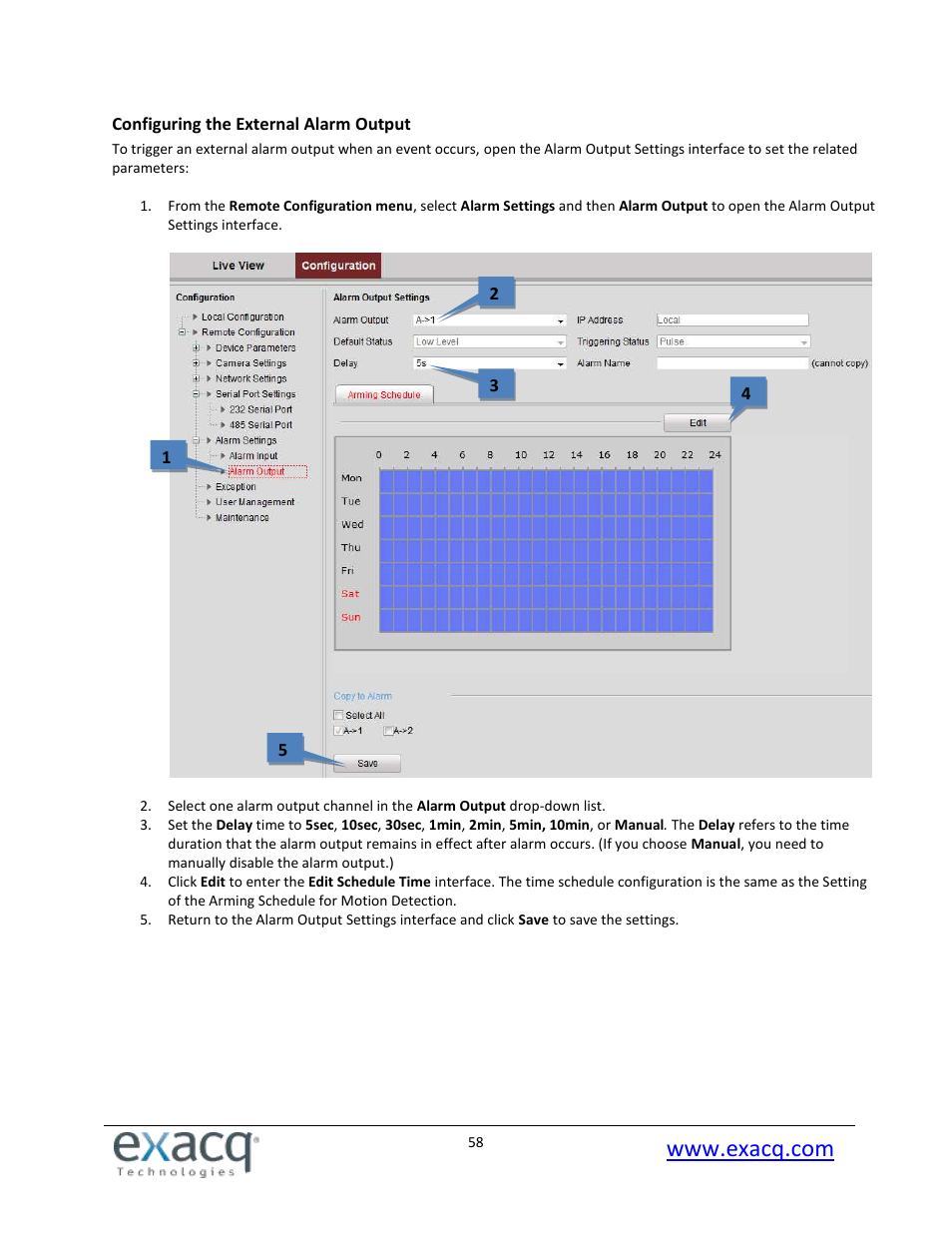Configuring the external alarm output | Exacq exacqVision E-Series User Manual User Manual | Page 58 / 69