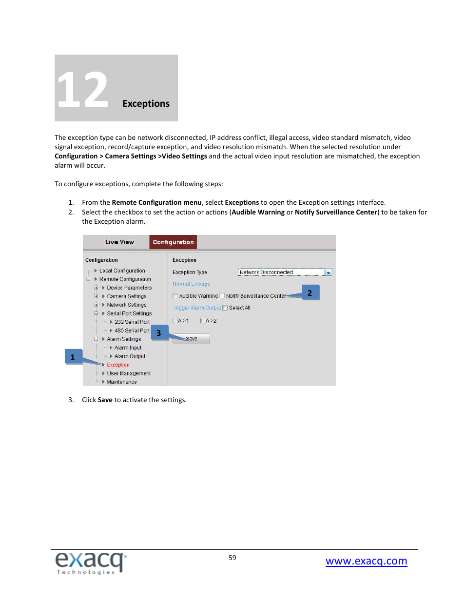 12 exceptions | Exacq exacqVision E-Series User Manual User Manual | Page 59 / 69