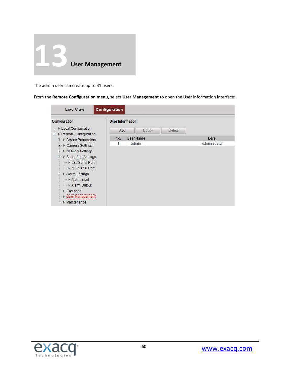 13 user management | Exacq exacqVision E-Series User Manual User Manual | Page 60 / 69