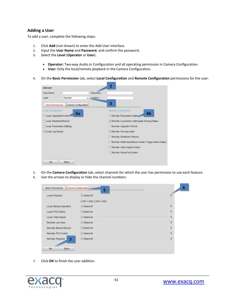 Adding a user | Exacq exacqVision E-Series User Manual User Manual | Page 61 / 69