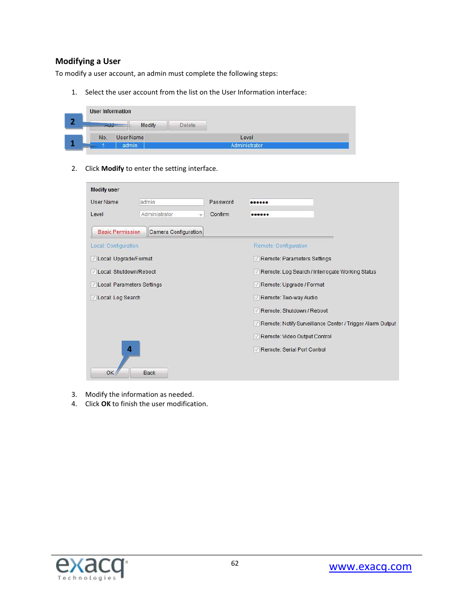 Modifying a user | Exacq exacqVision E-Series User Manual User Manual | Page 62 / 69