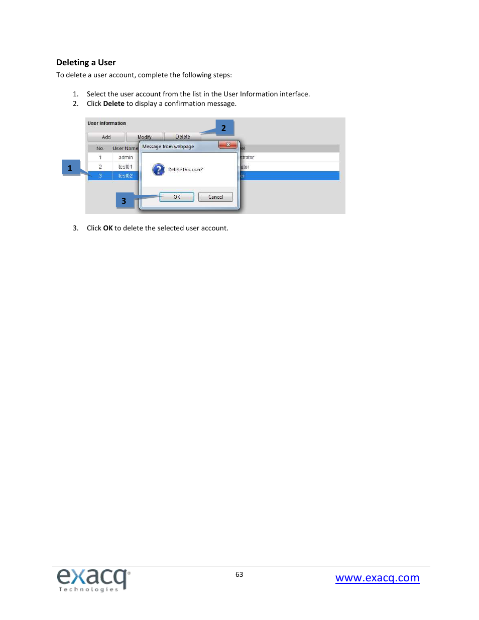 Deleting a user | Exacq exacqVision E-Series User Manual User Manual | Page 63 / 69