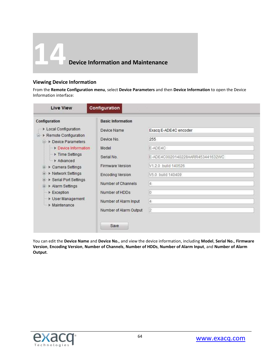 14 device information and maintenance, Viewing device information | Exacq exacqVision E-Series User Manual User Manual | Page 64 / 69