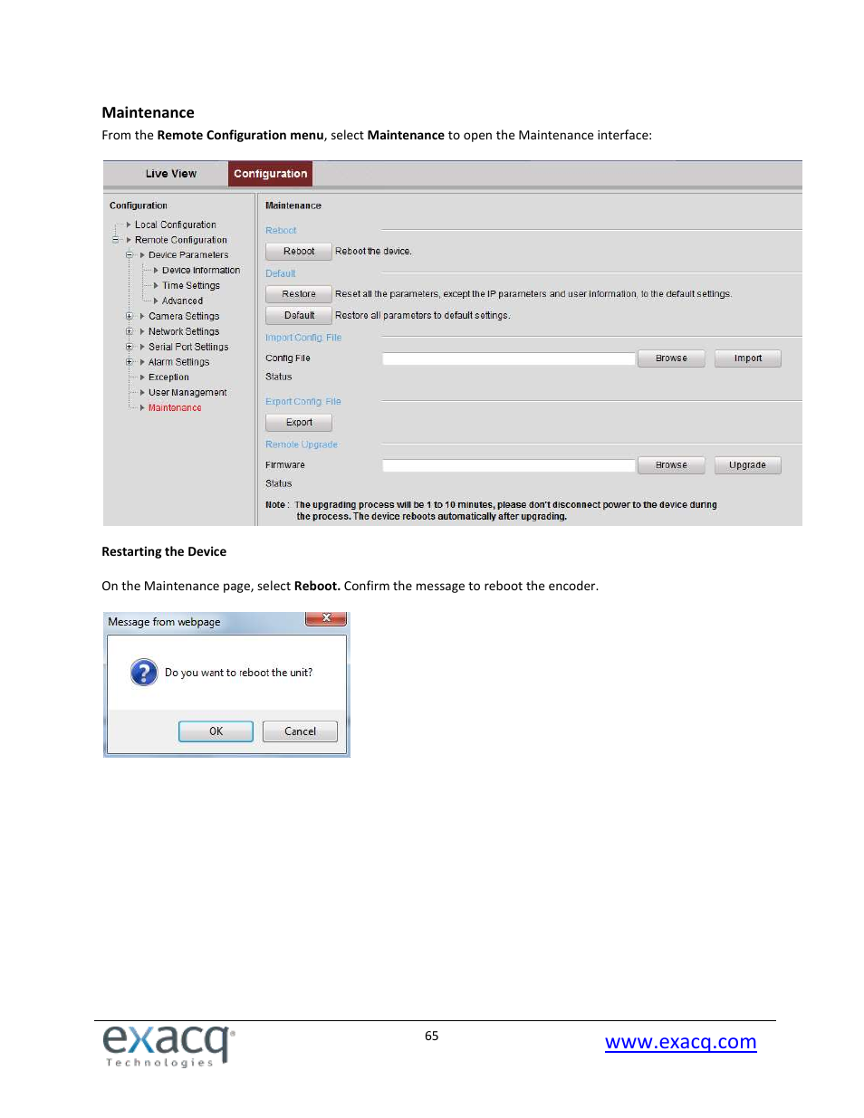 Maintenance | Exacq exacqVision E-Series User Manual User Manual | Page 65 / 69