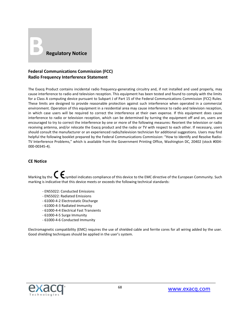 B regulatory notice | Exacq exacqVision E-Series User Manual User Manual | Page 68 / 69