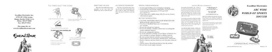 EXCALIBUR 332 Wide World of Sports Soccer User Manual | 2 pages