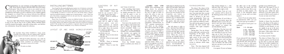 Installing batteries, Layout of abc wide world of sports | EXCALIBUR 335 Wide World of Sports Racing User Manual | Page 2 / 2