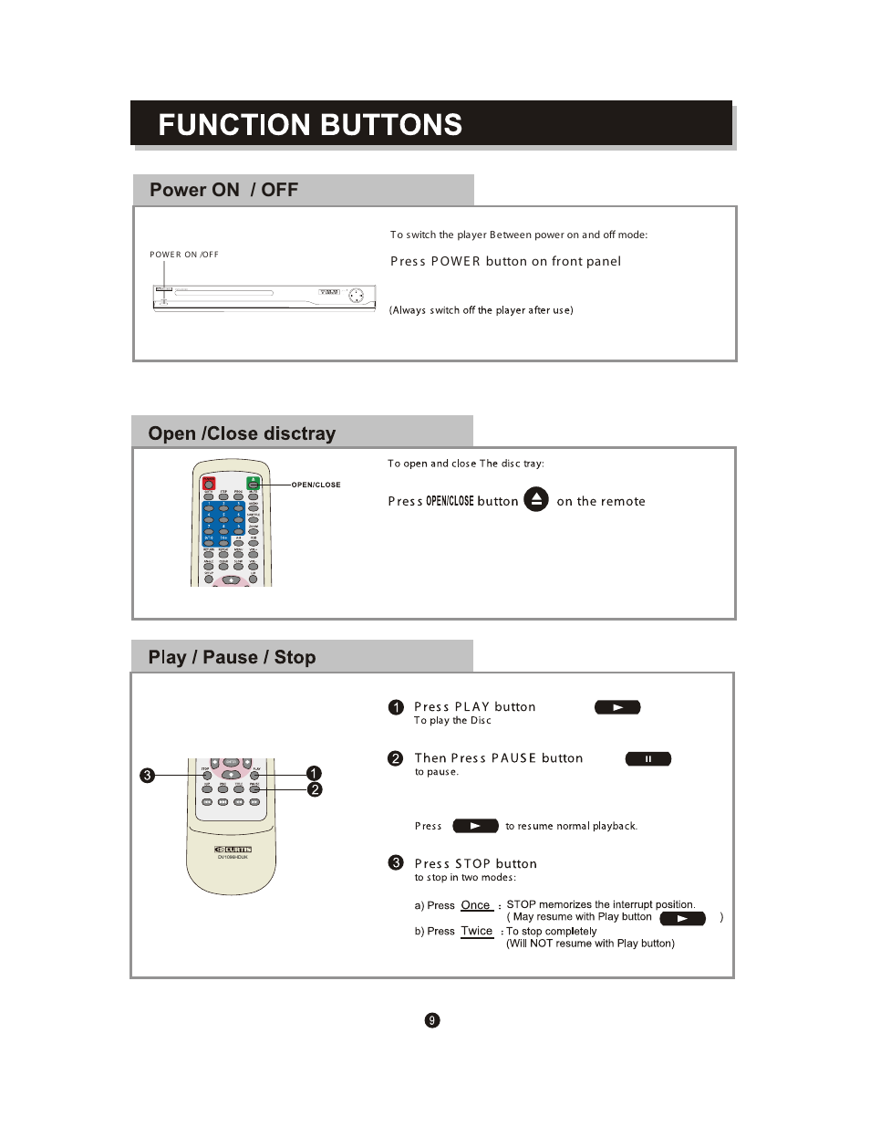 Power on / off, P res s p ow e r button on front panel | Curtis DV1096HDUK User Manual | Page 13 / 29