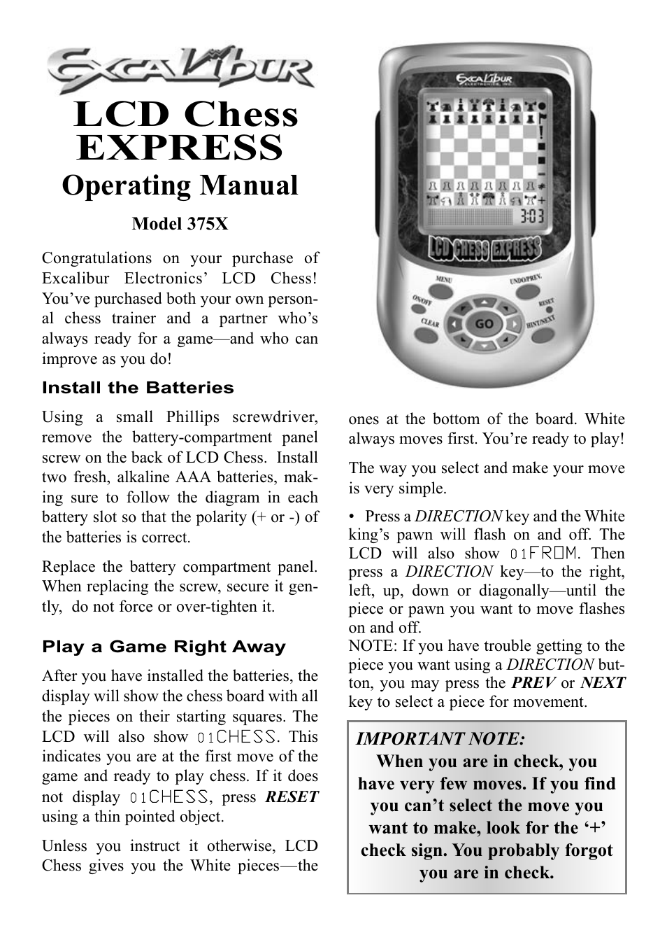 EXCALIBUR 375X LCD Chess Express User Manual | 12 pages