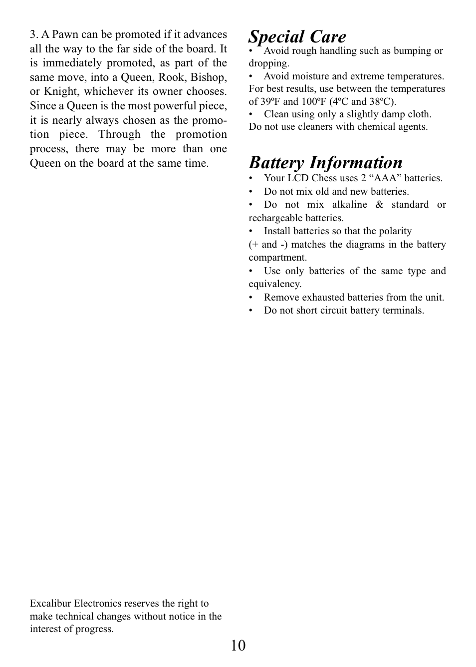 Special care, Battery information | EXCALIBUR 375X LCD Chess Express User Manual | Page 10 / 12