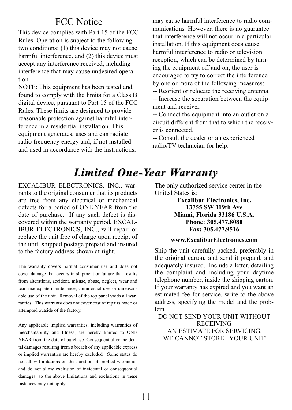 Limited one-year warranty, Fcc notice | EXCALIBUR 375X LCD Chess Express User Manual | Page 11 / 12