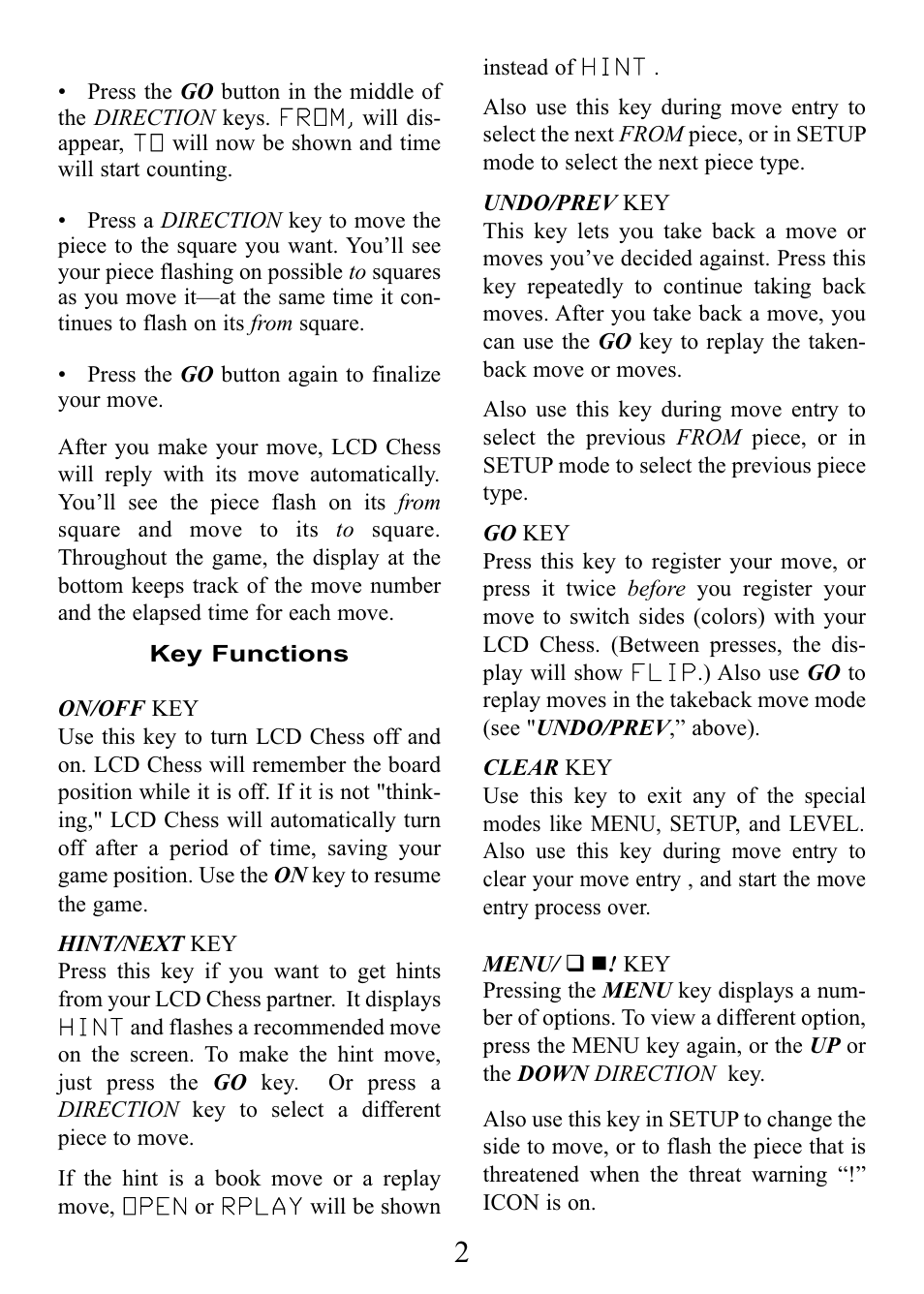 EXCALIBUR 375X LCD Chess Express User Manual | Page 2 / 12